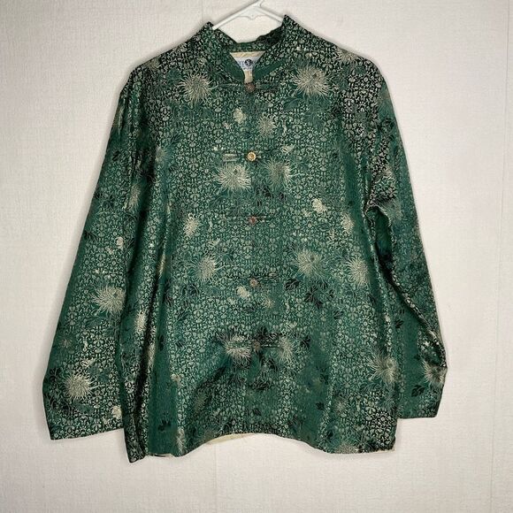 Vintage oriental Green Silk Mandarin Collar Embroidered Jacket XL - Picture 1 of 9